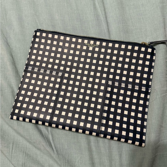 Tory Burch Handbags - Tory Burch Navy and White Gingham Zip Pouch with Gold Logo